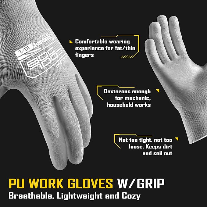COOLJOB 60 Pairs Safety Work Gloves Pack Bulk with Grip PU Coating, 13 Gauge Seamless Knit Gloves with Polyurethane Dipped for Warehouse Working, Breathable Lightweight for Men Women, Grey Large