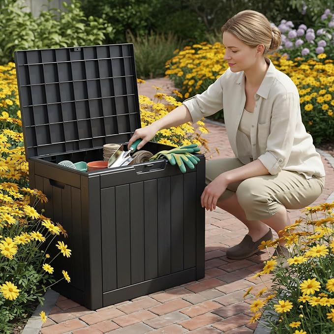 25 Gallon Deck Box, Small Outdoor Storage Box Waterproof, UV-Resistant and Weatherproof Outside Resin Storage Bin for Outdoor Patio Furniture Pillows, Pool Supplies, Garden Tools, Black