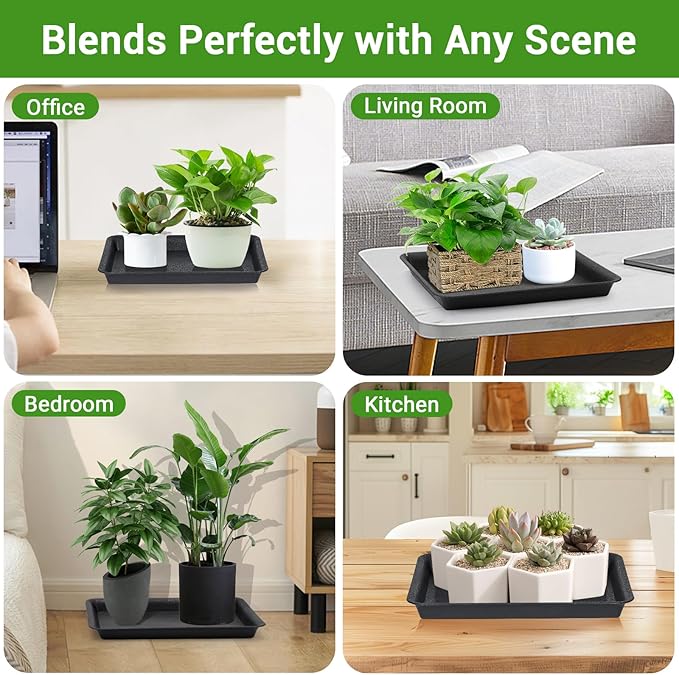 GREANER Black 13 Inch Plant Saucer, Heavy Duty Rectangular Plant Tray, Plastic Pebble Tray for Plant Humidity, Pot Saucers for Indoor Outdoor Use(Black)