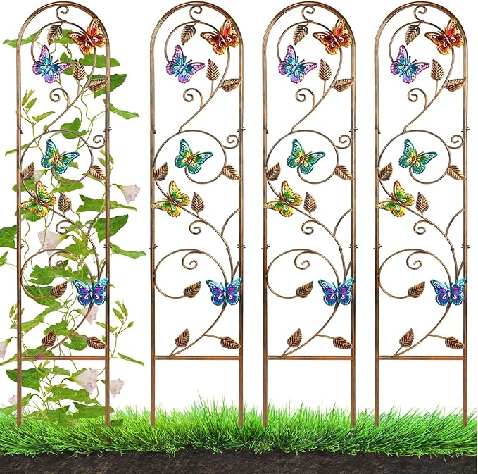 Blulu 4 Pack Metal Garden Trellis for Climbing Plants, 60x11 Inch Detachable Rustproof Arched Fence Flower Vegetable Plant Stand for Outdoor Patio Yard Lawn Decorative(Butterfly)