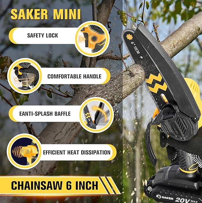 Saker Mini Chainsaw Cordless 6-Inch-Switch Security Lock-Cordless Power Chain Saws-Handheld Small Chainsaw for Cutting Wood Trimming and Woodworking- Mini Chain Saw Cordless with 1 Battery