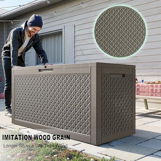 110 Gallon Resin Deck Box Outdoor Storage Box Waterproof for Patio Furniture,Outdoor Cushions,Garden Tools and Pool Supplies（Grey）