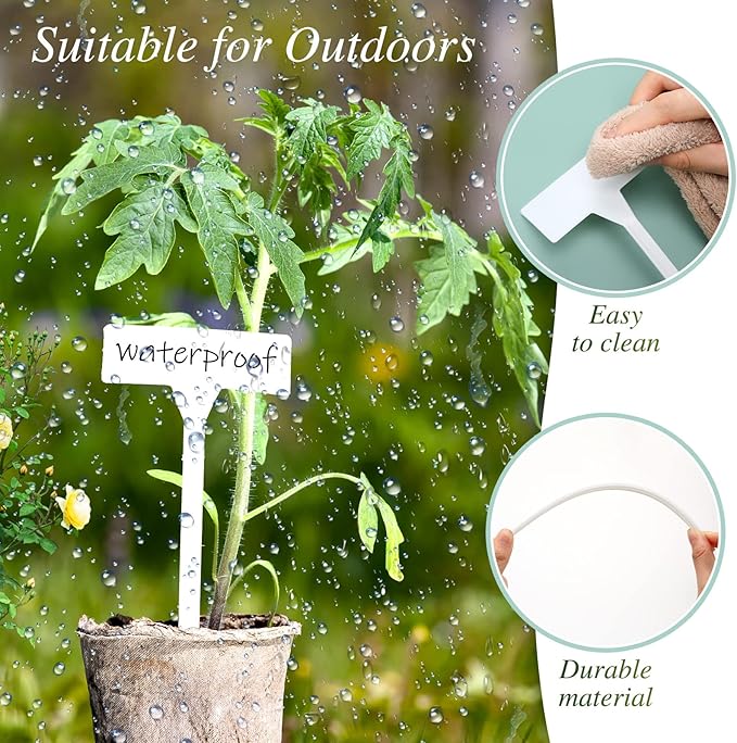 202 Pcs Large Plant Labels Kit, Include 100 Outdoor Plastic Plant T Type Tags Waterproof Reusable Plant Markers Stakes, 100 PET Films and 2 Marker Pens for Garden Herbs Flowers Pot (White, 11.8 Inch)