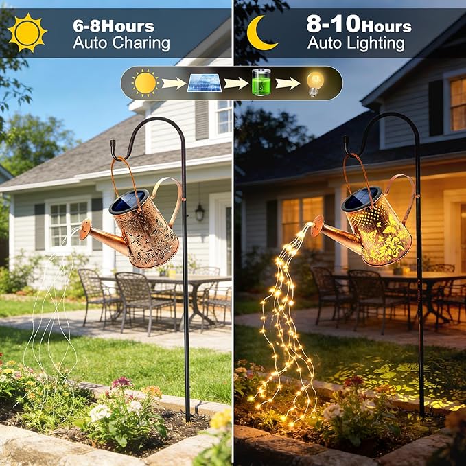 Solar Lanterns Outdoor Decorative: Metal Butterfly Watering Can with Cascading LED Lights and Hook - Waterproof Hanging Garden for Yard Patio Decor - Birthday Gardening Gifts for Women