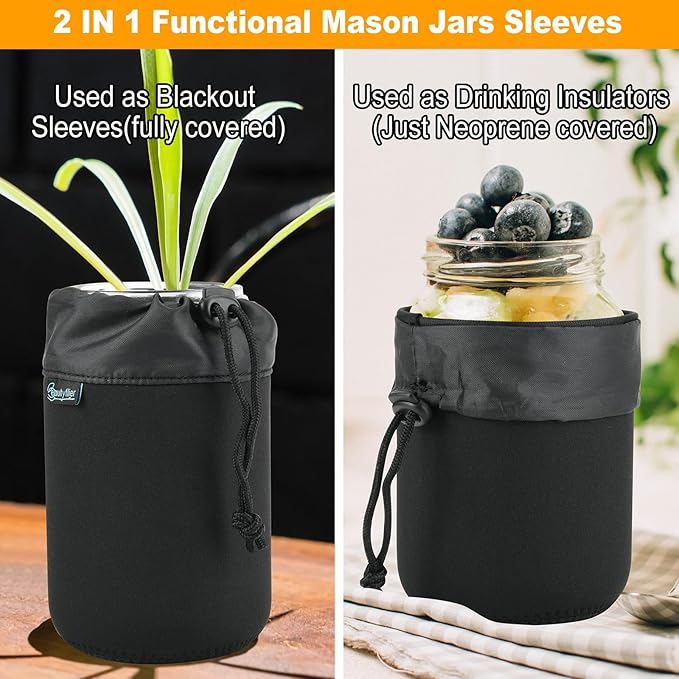 Beautyflier Mason Jars 32oz Wide Mouth Shade Cover, Regular Mouth 32oz Mason Jars Sprouting Covers Drinking Glass Insulators Coolers Sprouting Jars Blackout Sleeve, Black, 2PCS