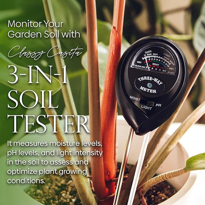 Classy Casita 3-in-1 Garden Soil Tester- Three Way Plant Soil Test Kit to Measure Soil Moisture, pH-Value, and Sunlight, and Classy Casita Soil Moisture Meter w/Plant Watering & Care eBook, White