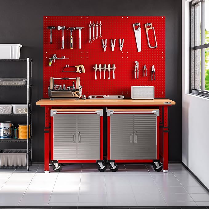 Seville Classics UltraHD Heavy Duty Rolling Cabinet Workbench Table w/Solid Wood Top, Workstation for Garage, Office, Workshop, Red, 2-Door (28" W x 18" D)