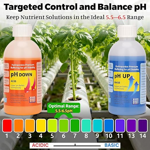 Professional Hydroponics pH Up and Down Control Kit, Adjust & Stabilize pH for Nutrient Solutions, Ideal for Soilless Gardening, Indoor Plant Growing, Aquaponics & DWC Systems (2 x 8.45oz)