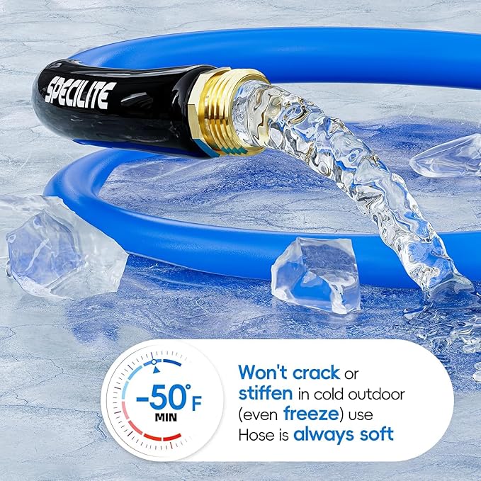 SPECILITE Hot/Cold Garden Water Hose 200 ftx 5/8 in, -50℉ To 190℉, Heavy Duty, Flexible, Burst 605 Psi, Lightweigh, Upgraded Rubber Pipe with 3/4" Brass Fittings For Backyard, Outdoor, Farm, Blue