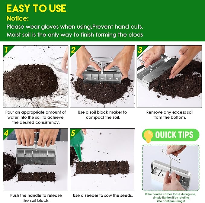 Dreyoo 1 Pack Upgrade Soil Block Maker Hand Held, Manual Blocking Tool for Seed Starting with Dispenser, Garden Potting Soil for Indoor Outdoor Plants, No Transplant Shock (5 Cell,1 1/2 Inch)
