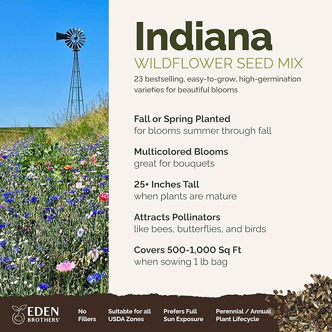 Eden Brothers Indiana Wildflower Mixed Seeds for Planting, 1 lb, 480,000+ Seeds with Sweet William, Cornflower | Attracts Pollinators, Plant in Spring or Fall, Zones