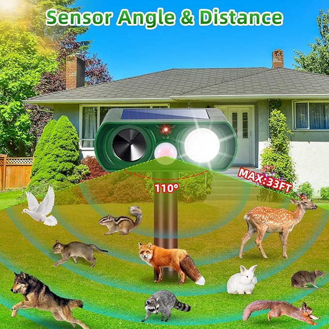 4 Pack Solar Ultrasonic Cat Deer Dog Possum Skunk Rodent Repellent Keep Pest Away Motion Activated with Flash Light for Yard Garden,IP65 Waterproof Squirrel Racoon Fortress Pro Animal Repeller Outdoor