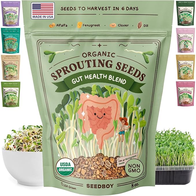 Seedboy Organic Non-GMO Sprouting Seeds, Gut Health Blend – USA Grown Microgreens Mix with Clover, Alfalfa, Fenugreek, Dill – 8 oz Bag Makes 8 Quarts / 24 Servings (Gut Health Blend)