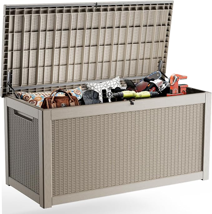 ROJIK 320 Gallon Waterproof Outdoor Deck Storage Box, Lockable Resin Patio Storage Bin with Lid for Garden Tools, Patio Cushions & Outdoor Accessories(Grey)