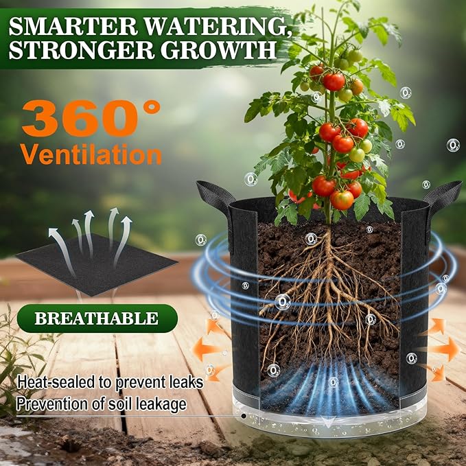 5 Pack 7 Gallon Self-Watering Grow Bags, Thick Nonwoven Fabric Pots with Support Rings and Reinforced Handles, Self-Watering Planters with Bottom Reservoir for Tomatoes Peppers Potatoes and Vegetables