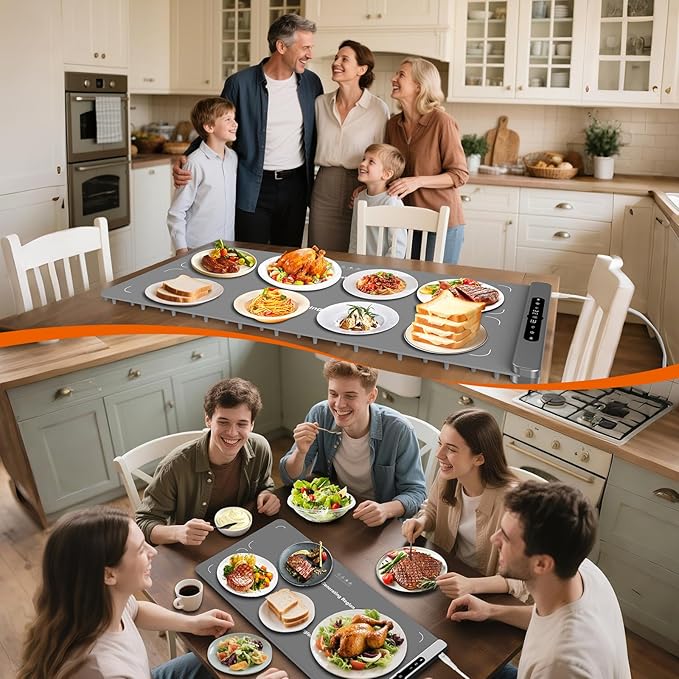 Graphene Food Warming Mat with Dual Zone Control, XXL 36"x17" Electric Heating Tray, 6 Temp & Timer Settings, Fast Even Heat for Buffets, Parties, Family Dinners, Gift for Mom & Wife (Gray)
