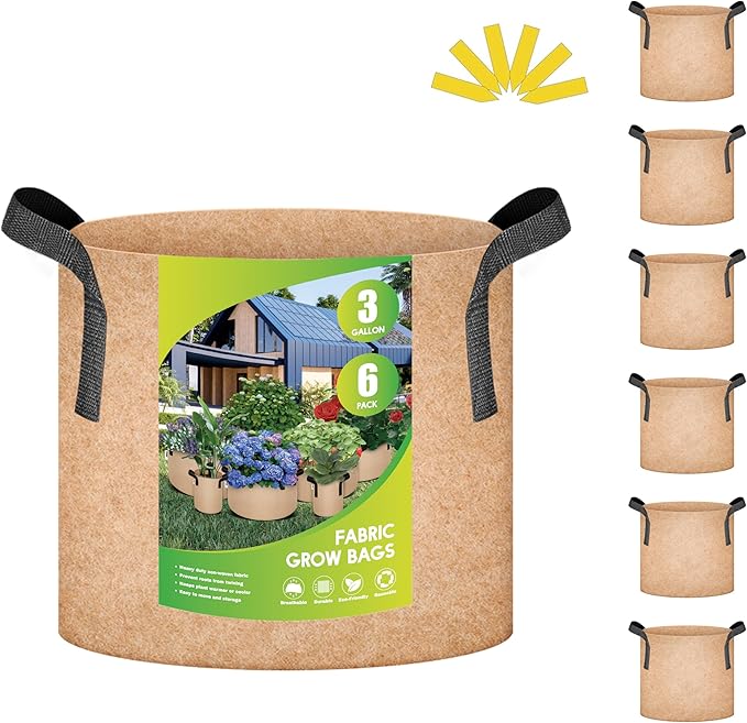 iPower Plant Grow Bag 3 Gallon 6-Pack Heavy Duty Fabric Pots, 300g Thick Nonwoven Fabric Containers Aeration with Nylon Handles, for Planting Vegetables, Fruits, Flowers,Tan 2024 Version