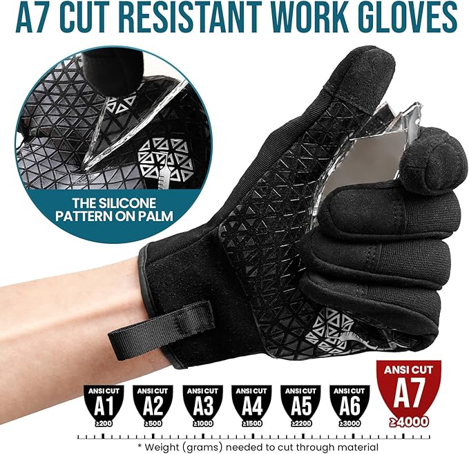 TAILI Level 3 Needle, Level 5 Puncture Resistant Gloves for Men Work, Heavy Duty A7 Cut Resistant Safety Gloves, Grip Enhanced, Breathable and Touchscreen, Black, XL, 1 Pair