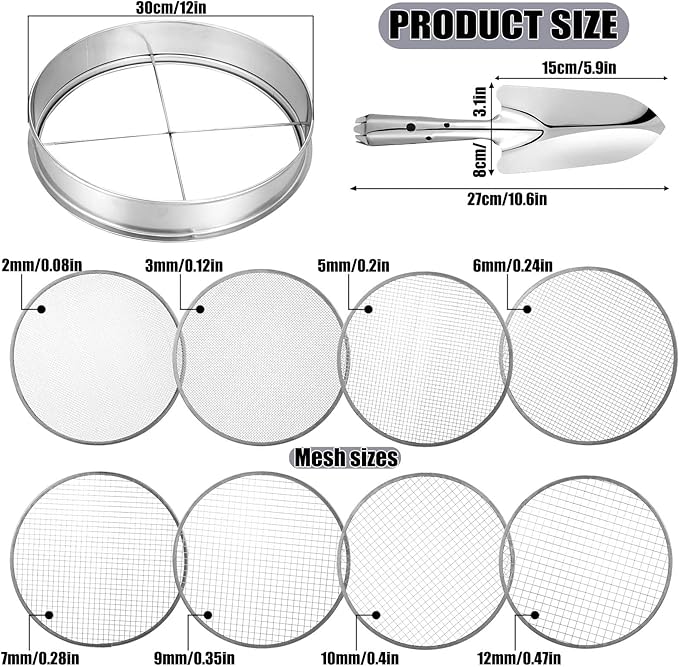 Bonuci 10 Pcs 12 Inch Soil Sieve Stainless Steel Sieve Set Garden Soil Sifter Potting Mix Sifter with 8 Interchangeable Filter Mesh 2, 3, 5, 6, 7, 9, 10, 12 mm and Shovel for Garden Compost(Silver)
