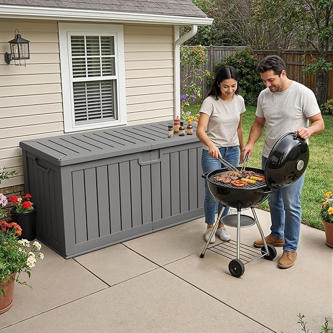 240 Gallon HDPE Deck Box Outdoor Indoor Waterproof Storage Box for Patio Furniture, Pool Accessories, Garden Tools, and Cushion Storage, Gray