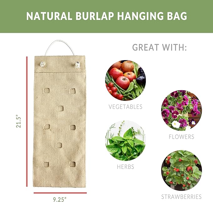 HANG & GROW Burlap Saddle Bag Planter for Outdoor Plants Vertical Flower for Easy Outside Garden Decoration Reusable Hanging for Flowers, Strawberry, Vegetables and Herbs, 1 Bag with 10 Holes