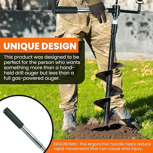 Earth Auger - 6" Wide x 32" Deep - Electric Post Hole Digger - Handles - Hole Digger for Fence Posts