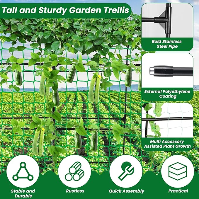PKBD Tall Garden Arch Trellis for Climbing Plants Outdoor, 7 ft Tall Polyethylene-Coated Stainless Steel Garden Arch for Climbing Vine Vegetable/Fruit/Flower, Cucumber Trellis for Raised Bed, Black