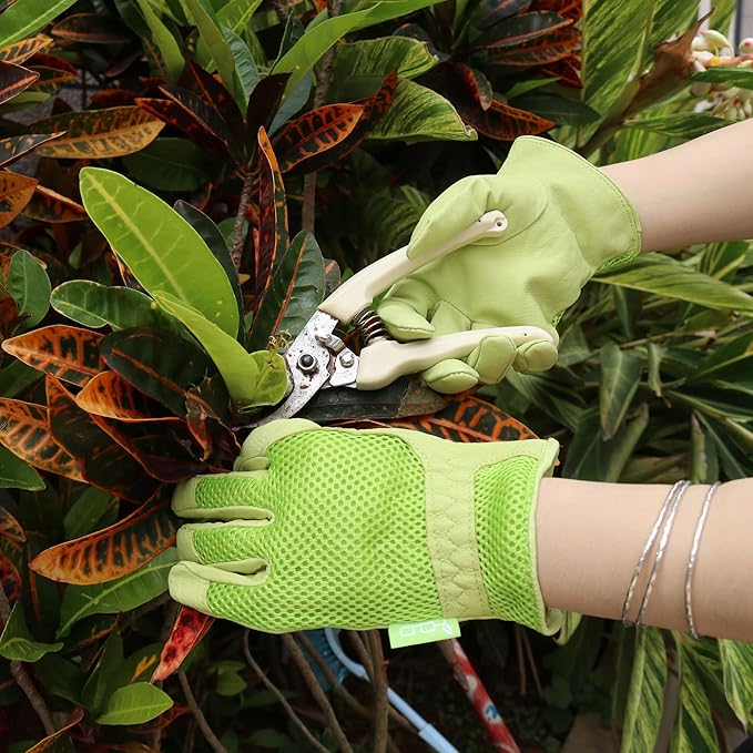 KONGOUARD Women Leather Gardening Gloves, 3D Mesh Breathable Weeding Gloves for Yard Work