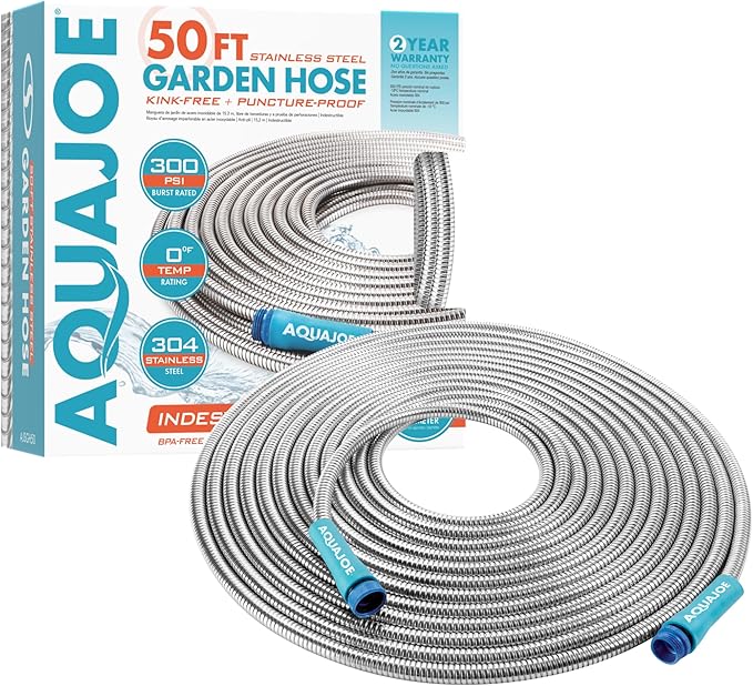 Aqua Joe AJSGH50 Stainless-Steel Garden Hose, Kink-Free Hose, 300 PSI Max, 50 Feet Long