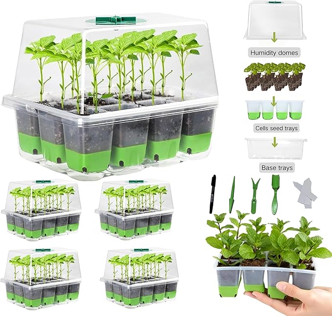 Reusable 60Cell Seed Starter Trays With Humidity Dome & Lids - 60 Cells, Flexible Pop-Out Design, BPA-Free Silicone Seedling Kit for Indoor Gardening, Greenhouse Planting, Dishwasher Safe