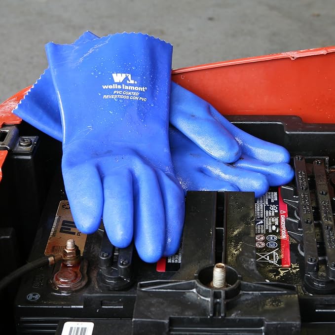Wells Lamont Heavy Duty Rubber Gloves with PVC Coating, Chemical and Abrasion Resistant, Waterproof, 12-Inch Cuff, Large, Blue (174L)