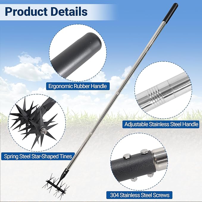 66in Rotary Cultivator with Tempered Spring Steel Tines and Adjustable Stainless Steel Handle Manual Garden Tiller Tool for Loosening Soil Mixing Fertilizer