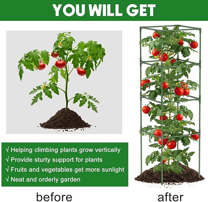 Unves 3 Pack Tomato Cage for Garden, 11.8" W x 53" H Square Tomato Trellis Plant Support Frame with 50 Pcs Plant Clips, Suitable for Climbing Vegetables, Flowers, and Fruits