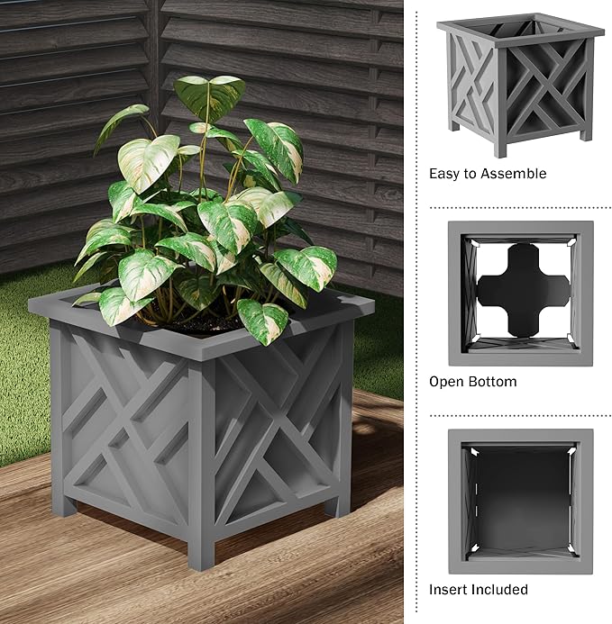 Lattice Design Planter Box - 14.75-Inch-Square Decorative Outdoor Flower or Plant Pot - Front Porch, Patio, and Garden Decor by Pure Garden (Gray)