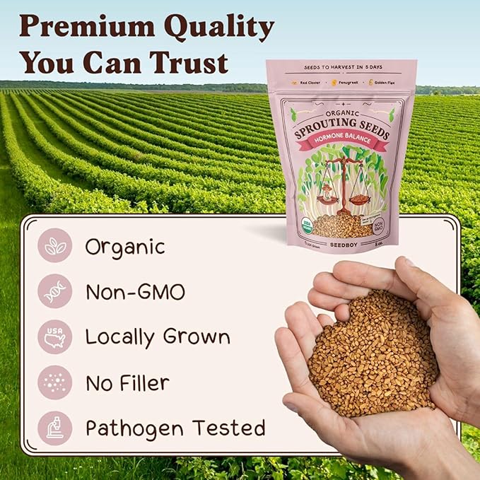 Seedboy Organic Non-GMO Sprouting Seeds, Hormone Balance Blend - USA Grown Microgreens Mix with Golden Flax, Red Clover, Fenugreek - 8 oz Bag Makes 8 Quarts / 24 Servings (Hormone Balance Blend)
