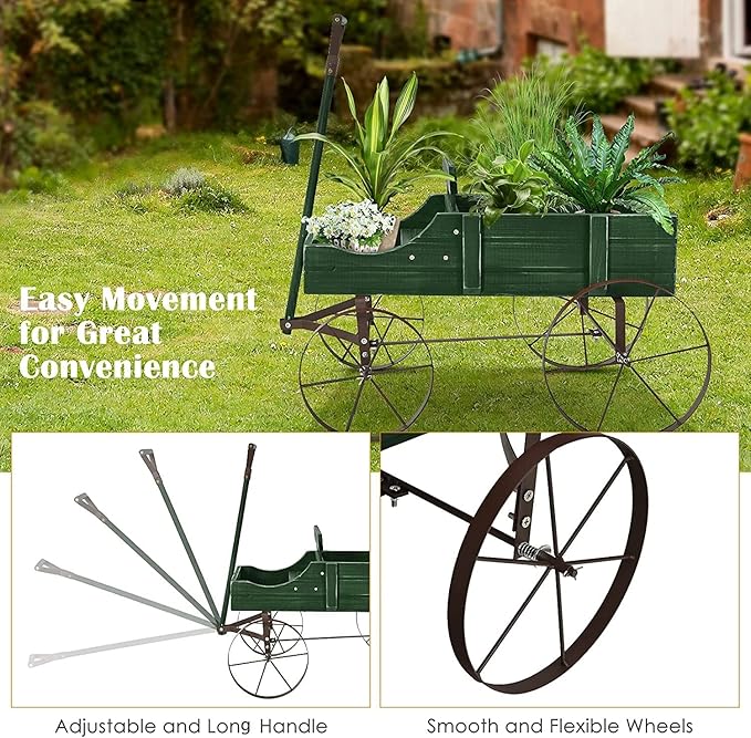 Goplus Wagon Planter, Decorative Wooden Garden Planter with Wheels, 2 Planting Sections and Adjustable Handle, Indoor Outdoor Backyard Balcony Decor (Green)