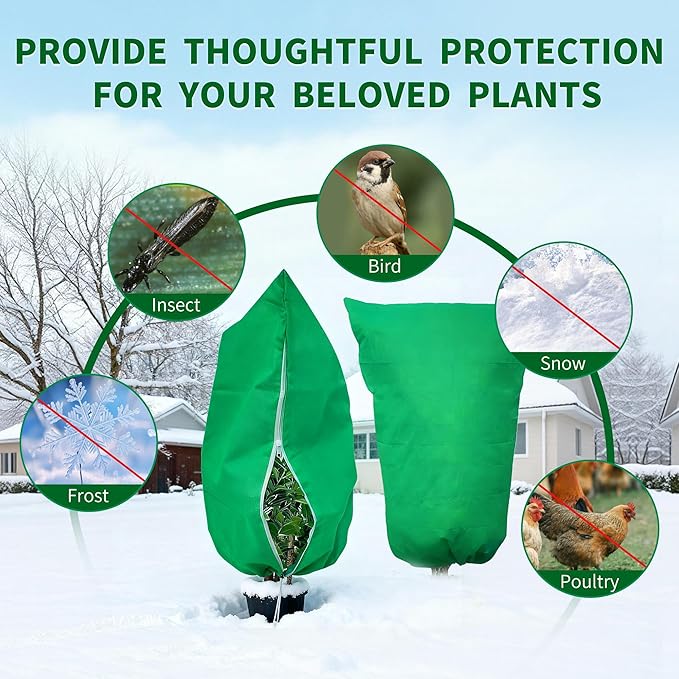 Plant Covers Freeze Protection, 5 Pack Frost Covers with Zipper Drawstring (31.5" x 47.3") Plant Protection Cover Bags for Outdoor Winter Frost Cold Weather Shrubs Trees Jacket Covers, Green