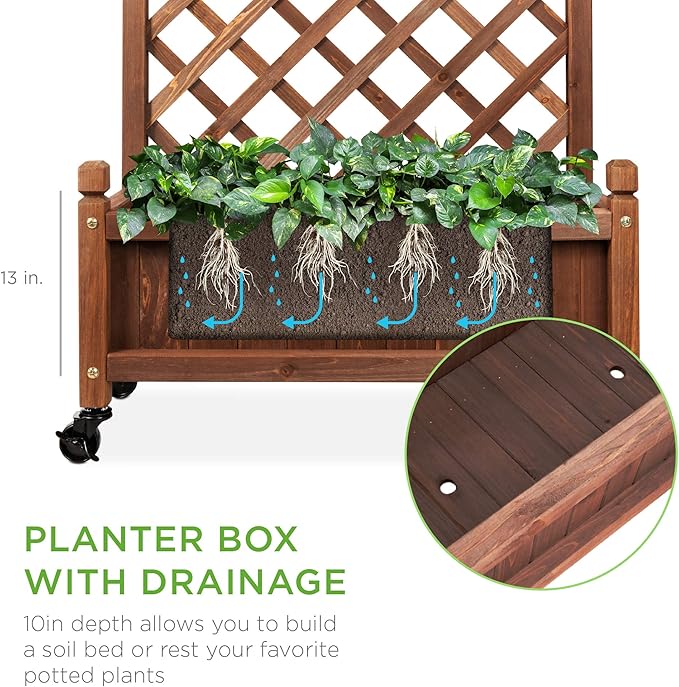 Best Choice Products 60in Wood Planter Box & Diamond Lattice Trellis, Mobile Outdoor Raised Garden Bed for Climbing Plants w/Drainage Holes, Optional Wheels - Walnut