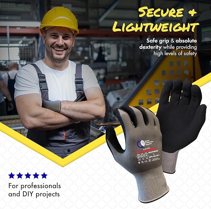 Quest Protective Apparel Cut Resistant Work Gloves (ANSI A1) – Lightweight Graphene Gloves for Gardening,DIY, Mechanical & General Handling – Breathable Grip Gloves for Men & Women – Large, Case of 72