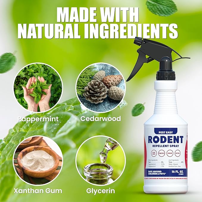 Peppermint Oil Spray for Rodents - Rodent Repellent Spray for Mice & Rats, Plant-Based Extra Strong Formula, Indoor & Outdoor Use, by Pest Easy, 16 oz