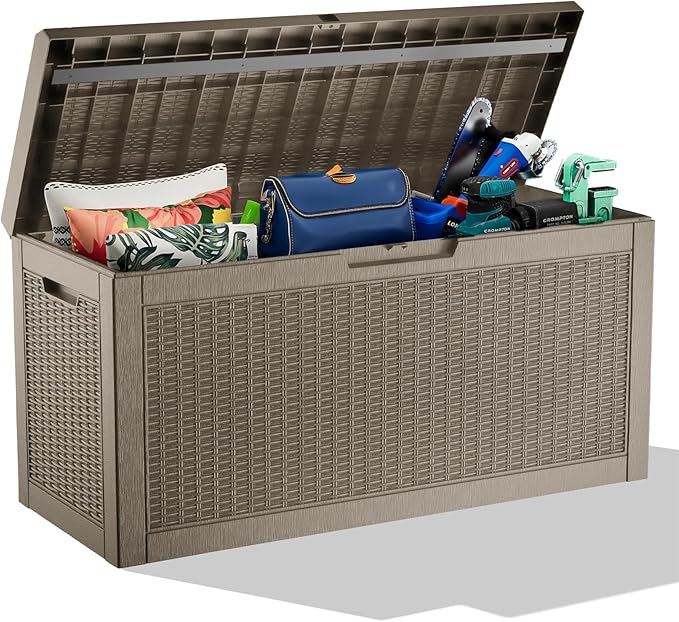 Vixzen 60 Gallon Outdoor Deck Box,Lockable Resin Waterproof Storage Box,UV Resistant,Weather Resistance,Outside Storage Bin for Gardening Tools,Pool Supplies（Gray，60 Gallon）
