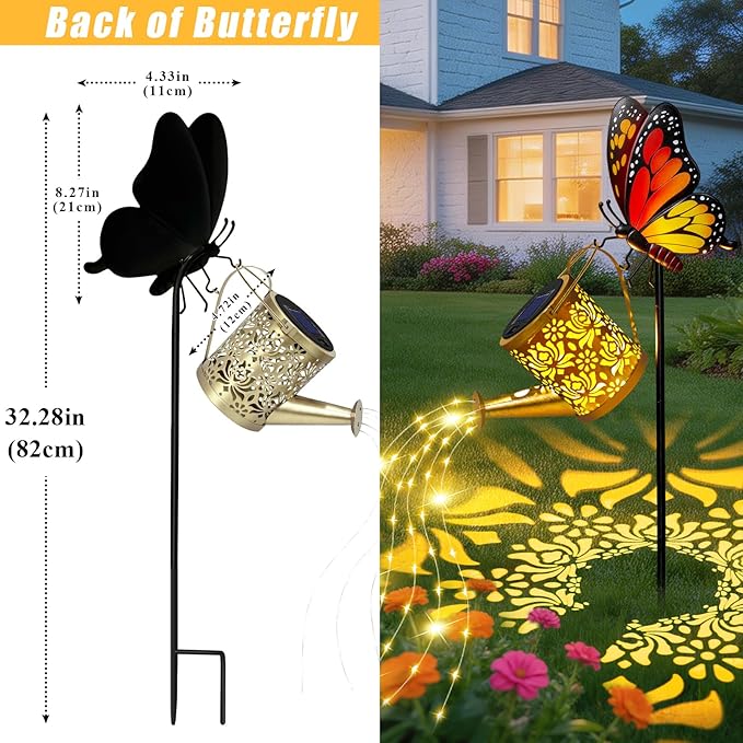 Solar Lights Garden Decor, Mothers Day Gifts, Waterproof Solar Watering Can with Butterfly Garden Stakes, Outdoor Light with Cascading Lights for Outside Patio Porch, Birthday Gift for Women 2 Pack