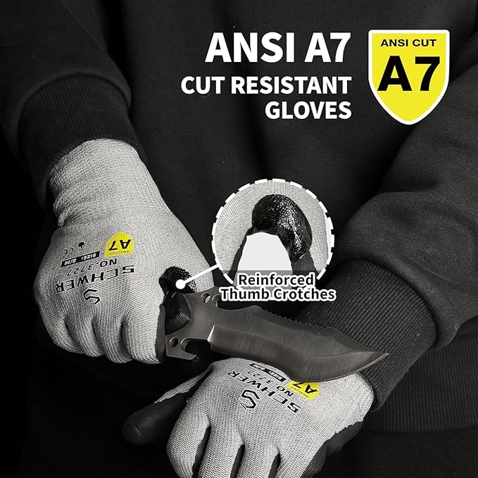 High Level Cut Resistant Work Gloves for High Risk Work, ANSI A7 Cutting Gloves with Reinforced Thumb, Used for WoodWorking, Construction, Non Slip, Durable, Breathable & Cool, L, 1 pair, PR3727
