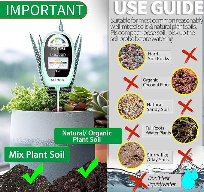 HSLGOVE Soil Test Kit, 2-in-1 Soil Moisture Meter/Soil PH Meter, Dual Screen Soil Tester, Soil Moisture Meter for Plants Watering/Gardening for Lawn,Farm Indoor&Outdoor Use-Mint Green