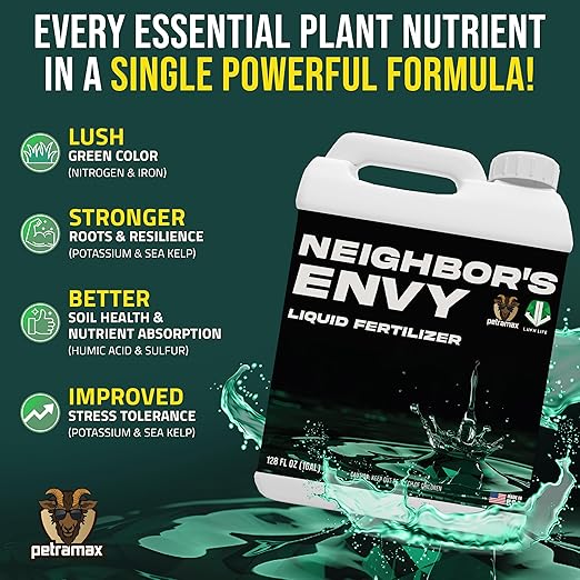 PetraMax Neighbor’s Envy Grass Fertilizer for Lawn & Garden, 1 Gallon Covers up to 16,000 sq.ft. 7-in-1 Liquid Lawn Fertilizer Concentrate for Deep Green Turf - Includes Nitrogen/Iron/Humic/Sea Kelp