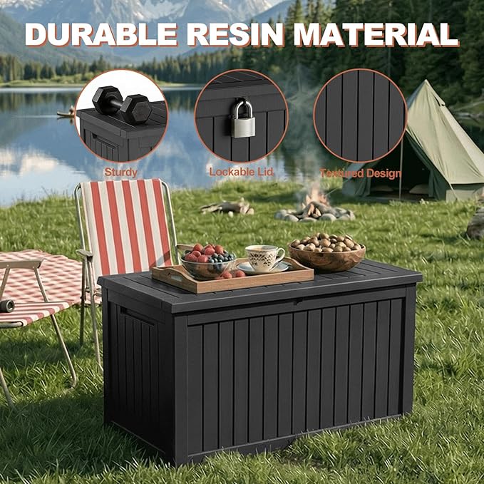 EFU Outdoor Storage Box 260 Gallon Deck Box (Indoor & Outdoor) Lockable UV Resistance Waterproof Resin Storage Bin Storage Box for Outdoor,Patio Storage With Support Rod(Black)