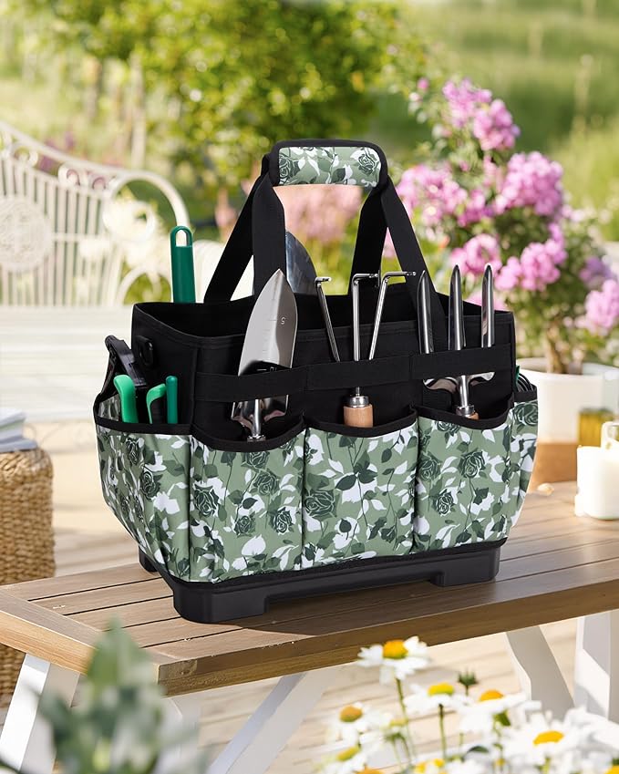 Garden Tool Bag with Hard Bottom, Garden Tote with Shoulder Strap and Multiple Pockets (No Accessories Included), Green Rose
