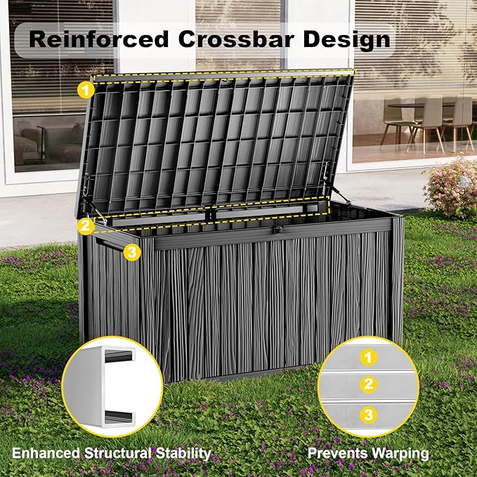 Outdoor Waterproof Resin Storage Deck Box Lockable Outside Bench UV Resistant Bin Patio Porch Furniture Pool Float Garden Tool Cushion (Black, 200 Gallon)