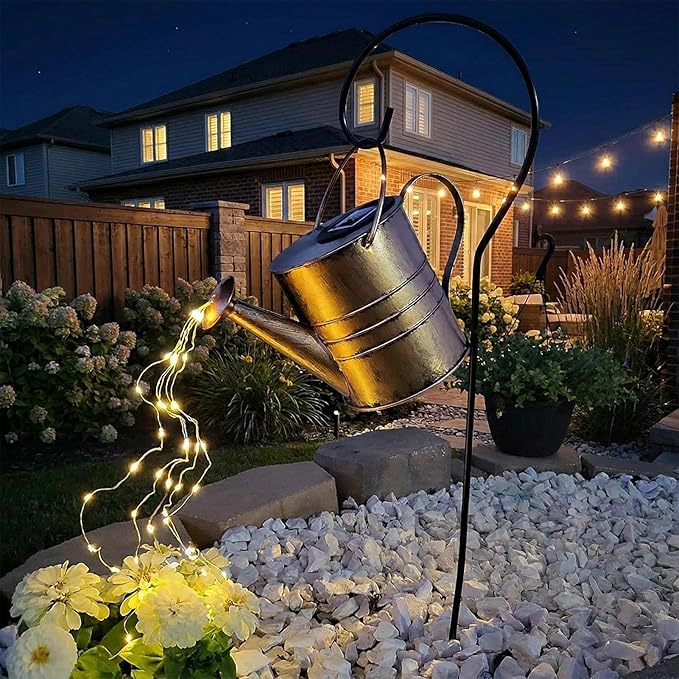 Solar Watering Can with Cascading Warm White Fairy Lights Outdoor Garden Decor Waterproof Metal Fountain Yard Patio Lawn Ornament