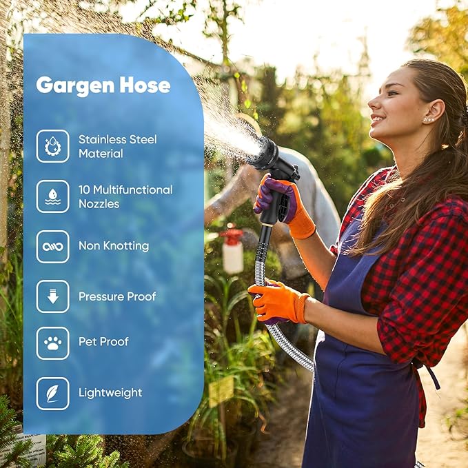 Garden Hose 50FT - Stainless Steel Water Hose with 10 Function Nozzles, No Kinks, Flexible & Lightweight, Pressure Proof, Puncture Proof, Heavy Duty Water Hose for Yard and Outdoor
